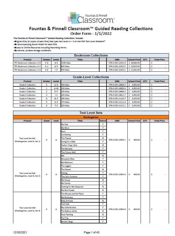 Order Form – Fountas & Pinnell Classroom™ Guided Reading Collections